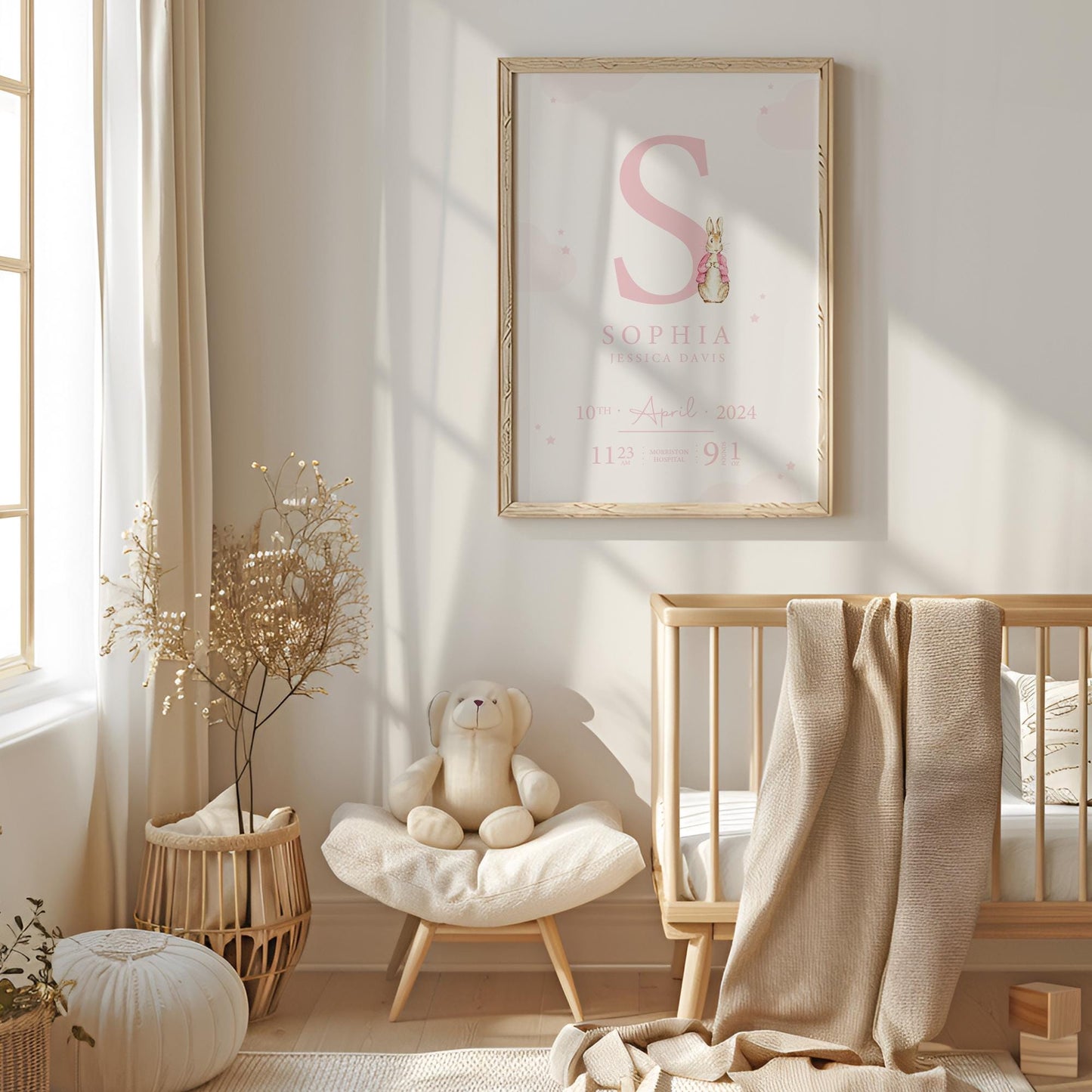 Rabbit Pink Blue Pastel Birth Print, Birth Details, Poster, New Baby Boy Girl Gift, Baby Name Print, Sentimental, Nursery A4 A3 Wall Art