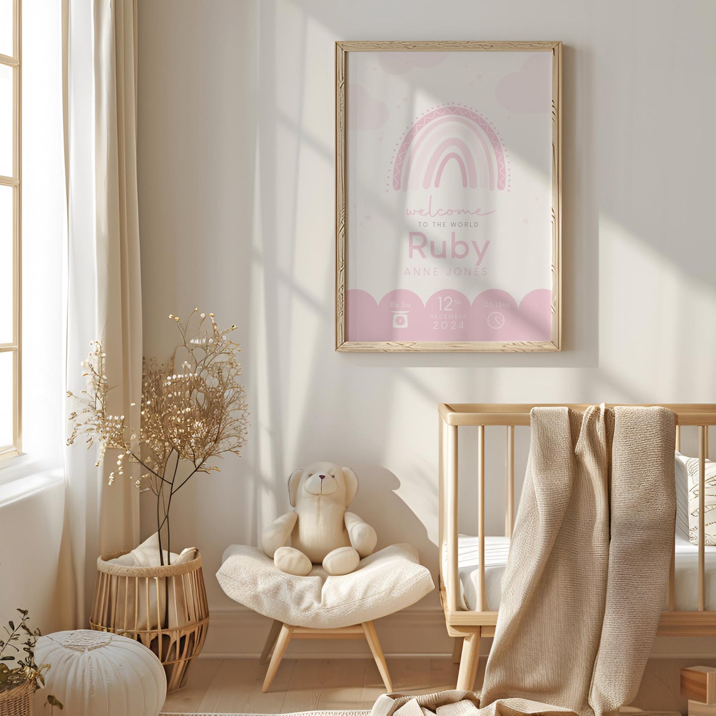 Rainbow Pink Birth Print, Birth Details, Poster, New Baby Girl Gift, Baby Name Print, Sentimental, Nursery A4 A3 Wall Art