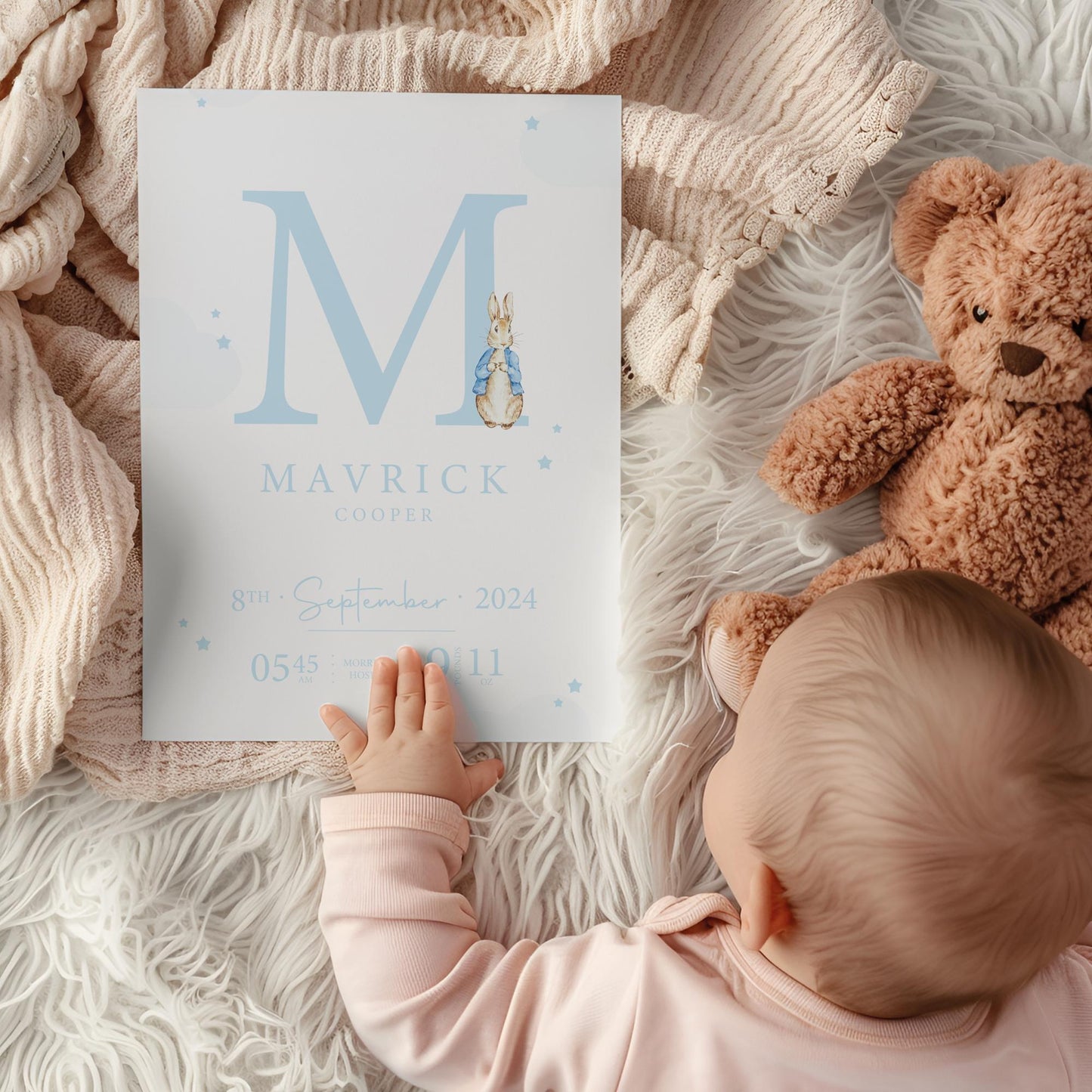 Rabbit Blue Pastel Birth Print, Birth Details, Poster, New Baby Boy Girl Gift, Baby Name Print, Sentimental, Nursery A4 A3 Wall Art