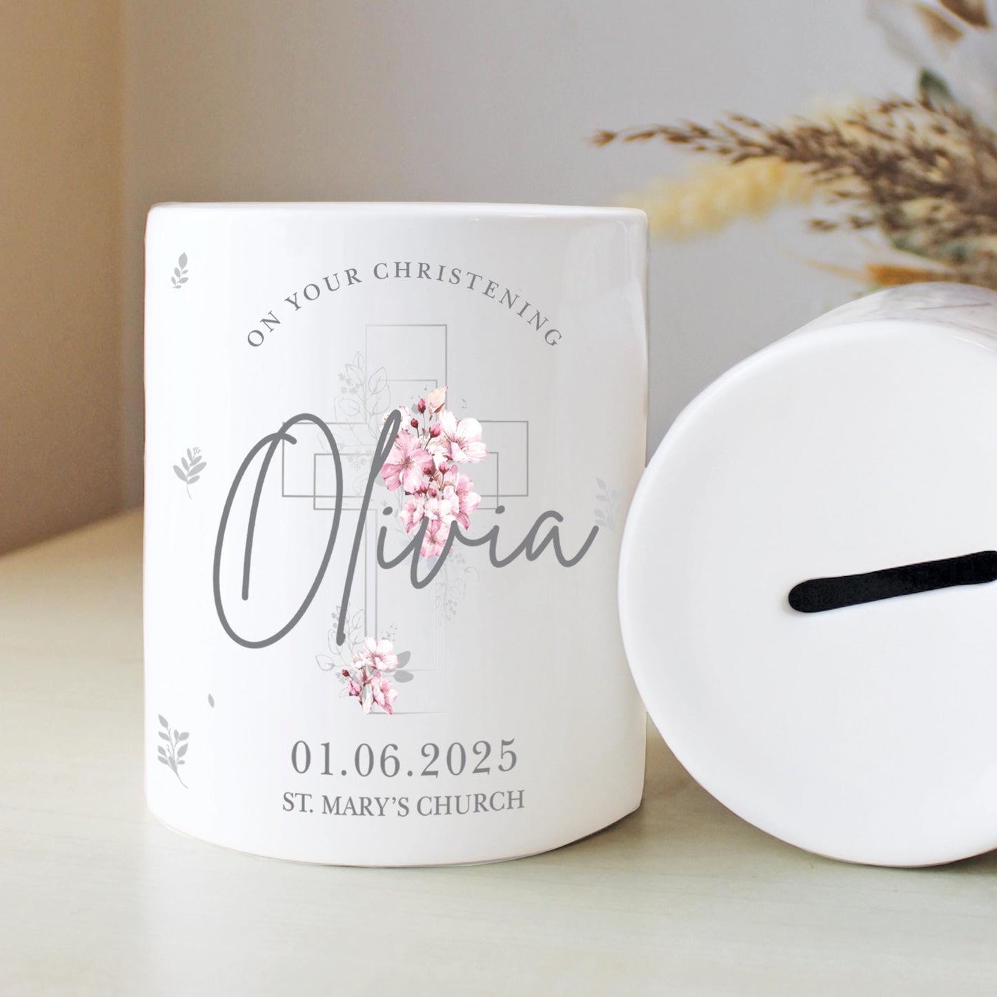 Personalised Green or Pink Leaves Christening Money Box, Personalised Money Box, Christening Gifts, Baby Keepsake, Baby Money Box