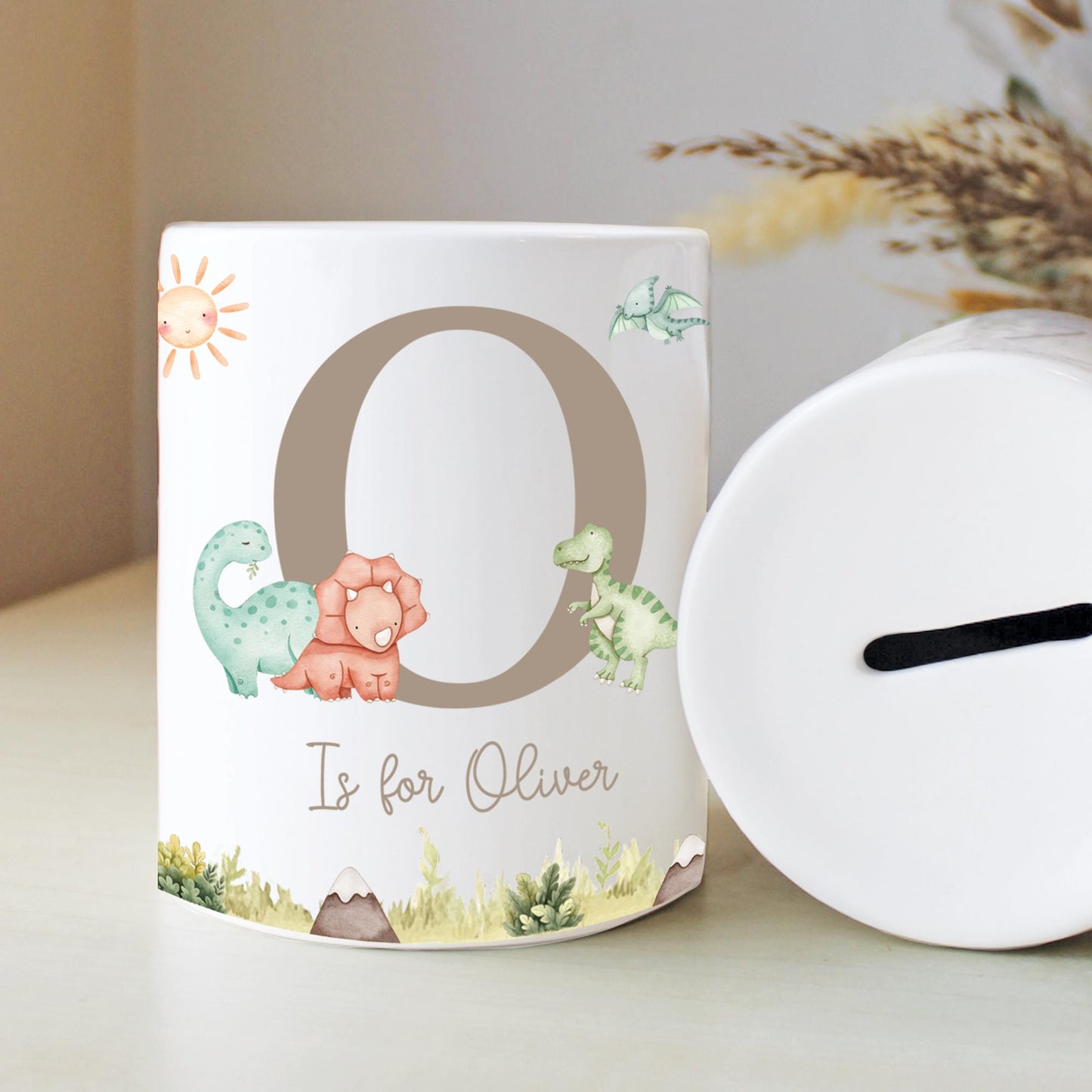 Personalised Name with Dinosaur Money Box, Nursery Decor, Dino Theme, New Baby Gift, First Birthday, Birthday Gift, Keepsake Gift