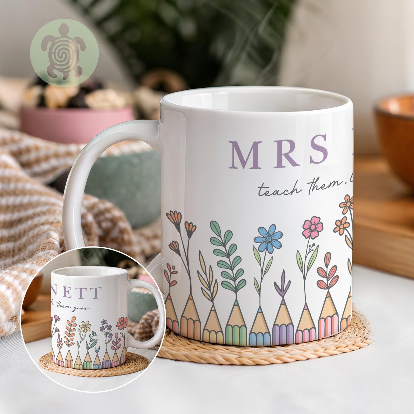 Personalised Pencil Flowers Teacher Thank You Gift, Teacher Mug With Name, Teacher Appreciation Gift, End of Term Gift, Nursery Teacher Gift