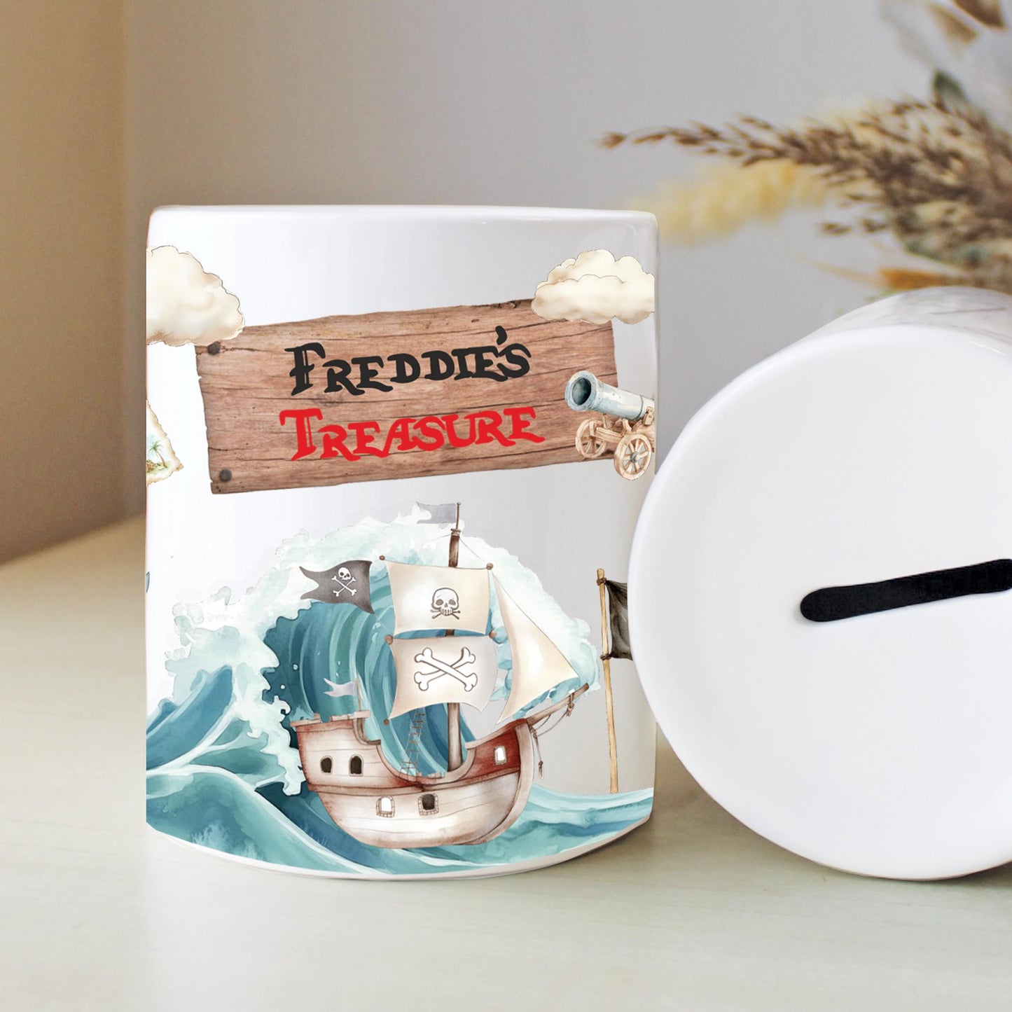 Personalised Name Birthday Pirate Money Box, Nursery Decor, Pirate Theme, New Baby Gift, First Birthday, Birthday Gift, Keepsake Gift