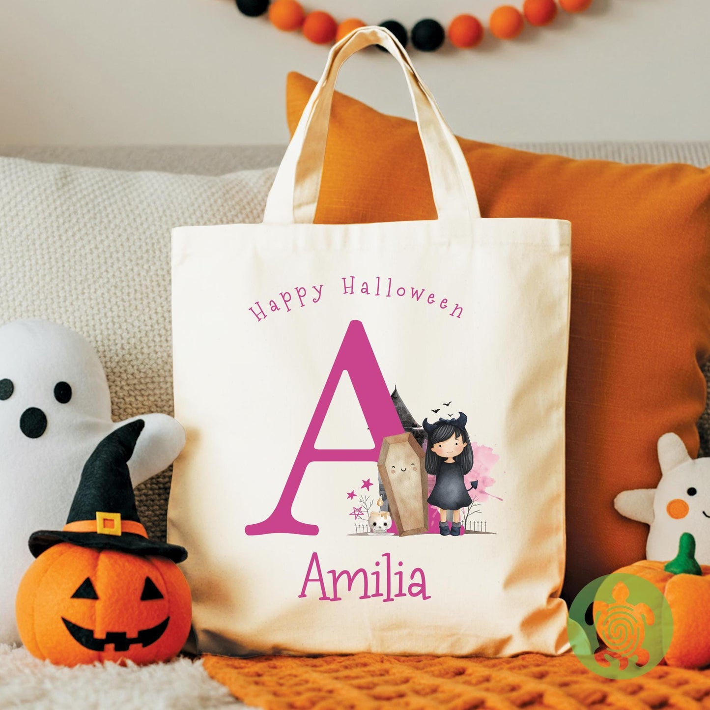 Personalised Girls Halloween Initial Tote Bag, Trick or Treat, Present Gift Kids, Spooky Scary, Pumpkin Accessory, Boo Bags, Sweet Bag