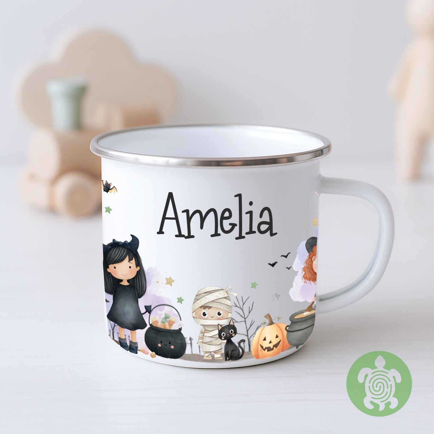 Personalised Kids Girly Halloween Mug, Spooky Gift Idea, Children's Enamel Mug, Halloween Party Favour, Spooky Kids Mug, Halloween BagFiller