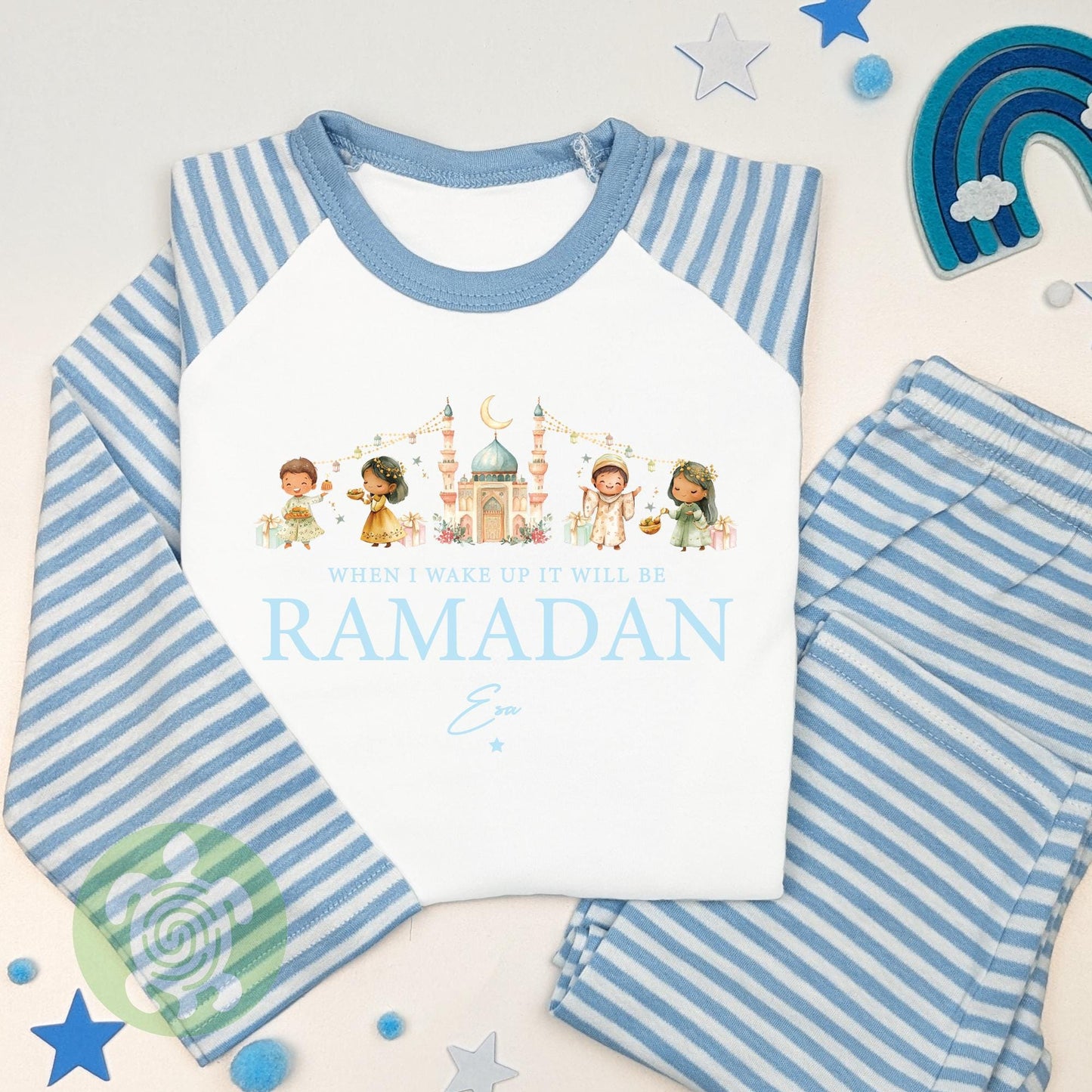 Personalised When I Wake Up It’s Ramadan Pyjamas for Kids, Ramadan and Eid Sleepwear, Celebration Pyjamas, Eid Ramadan, Stripped Nightwear
