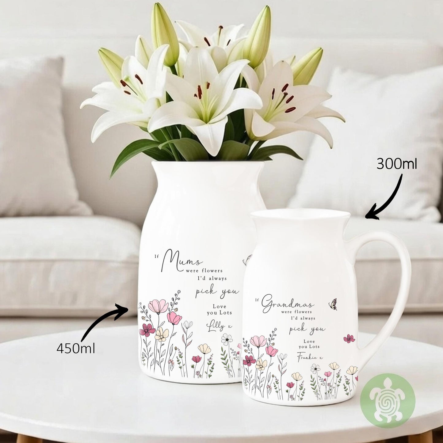 Personalised If … were flowers I’d we’d pick you, Mother’s Day, Pink Wildflower, Floral Ceramic Vase, Flower Jug Mug, Birthday gift, Nannas
