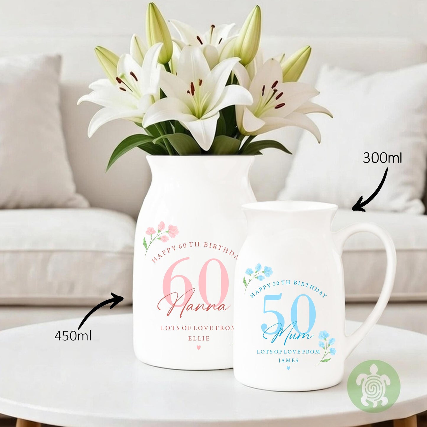 Personalised Floral Happy Birthday Ceramic Jug, Milestone Birthday Vase, Flower Mug Jug, Mum Gift, Nanny Present, Keepsake, Pink, Blue