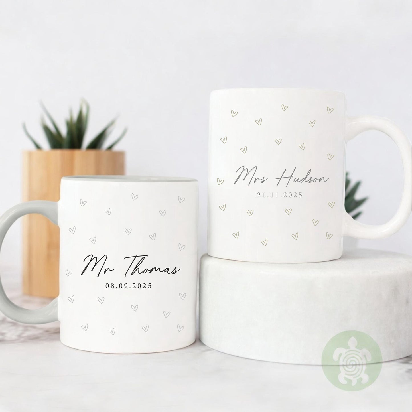 Personalised Mr & Mrs Heart Wedding Mugs, Couple Coffee Tea Mug, Wedding or Anniversary Mug, Bride and Groom Mug Set, Wedding Coaster Set