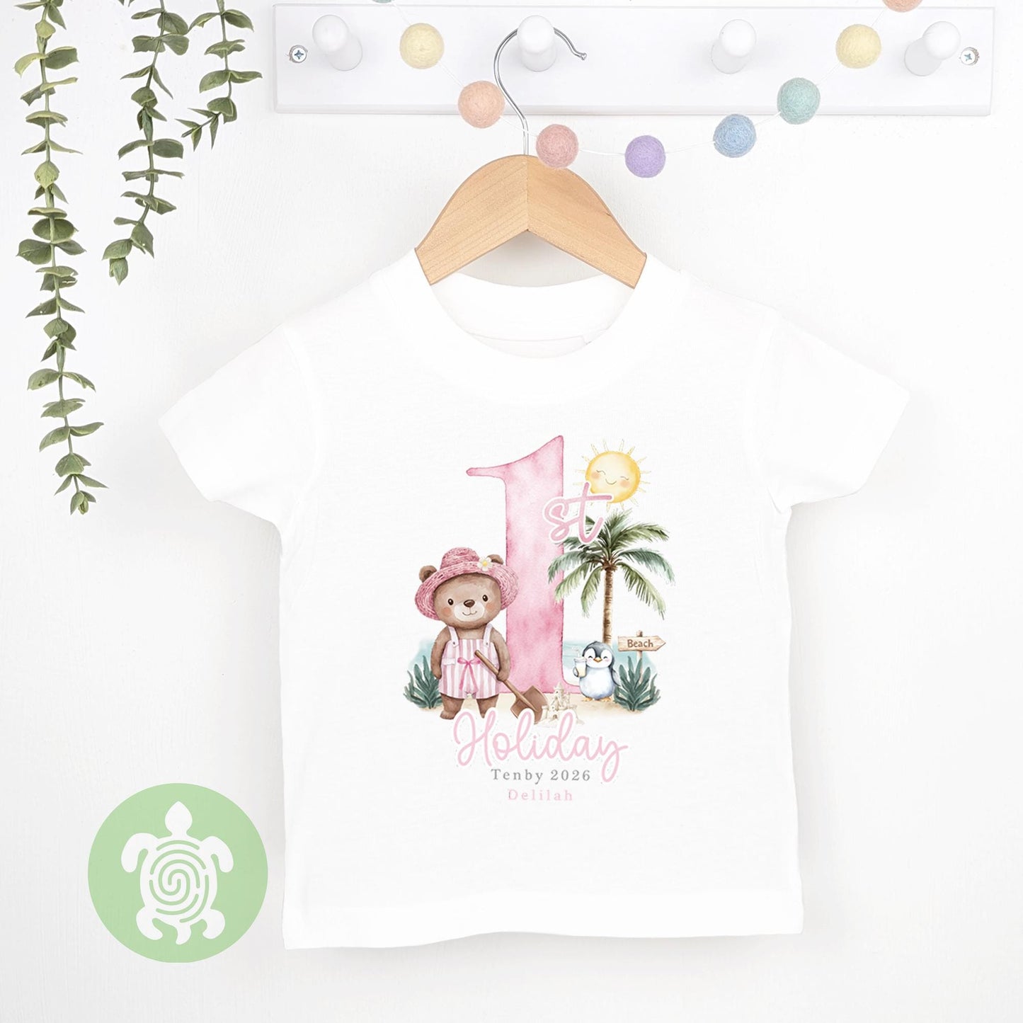 Personalised Bear Beach Holiday Baby Vest, Children's T Shirt, First Holiday Sleepsuit, Babies First Holiday, First Time Flyer, Pink or Blue