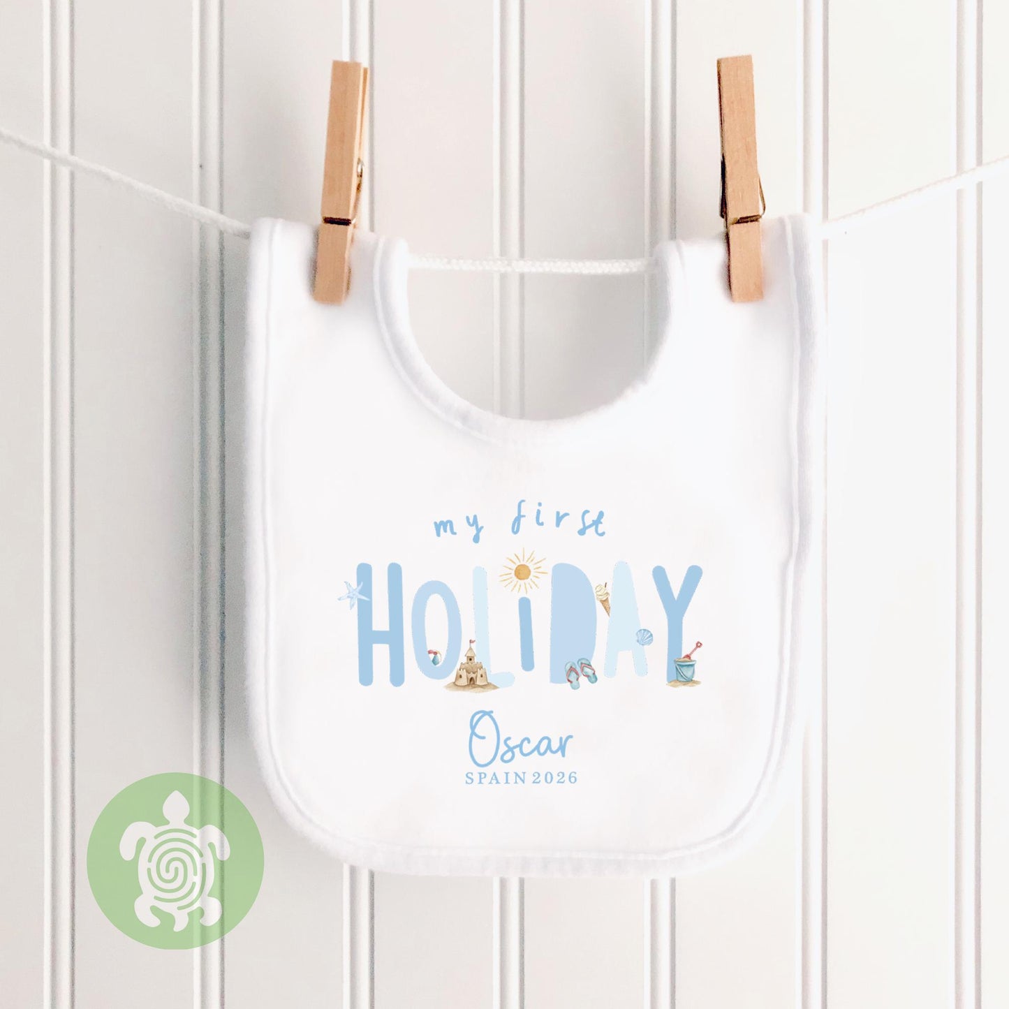 Personalised My 1st Holiday Blue themed Beach Babyvest, Children's T Shirt, First Holiday Sleepsuit, Babies First Holiday, First Time Flyer