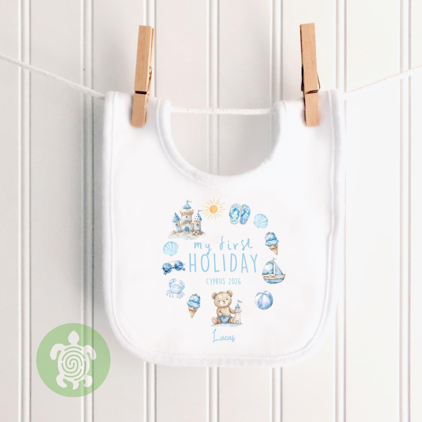 Personalised My 1st Holiday Blue Teddy Wreath Babyvest, Children's T Shirt, First Holiday Sleepsuit, Babies First Holiday, First Time Flyer