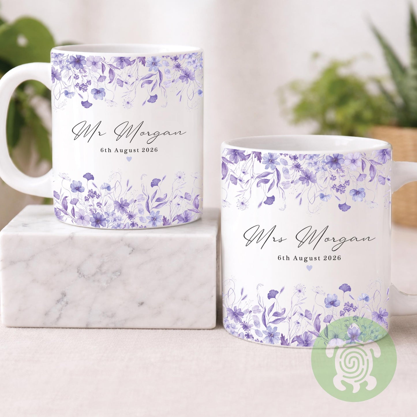 Personalised Mr & Mrs Floral Wedding Mugs, Couple Coffee Tea Mug, Wedding or Anniversary Mug, Bride and Groom Mug Set, Wedding Coaster Set