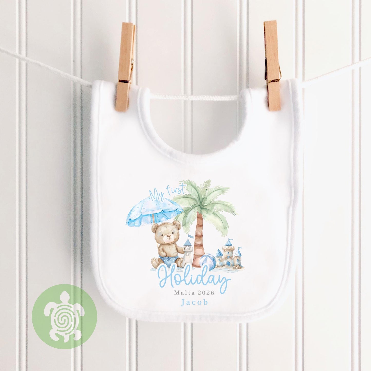 Personalised My 1st Holiday Blue Teddy Beach Babyvest, Children's T Shirt, First Holiday Sleepsuit, Babies First Holiday, First Time Flyer