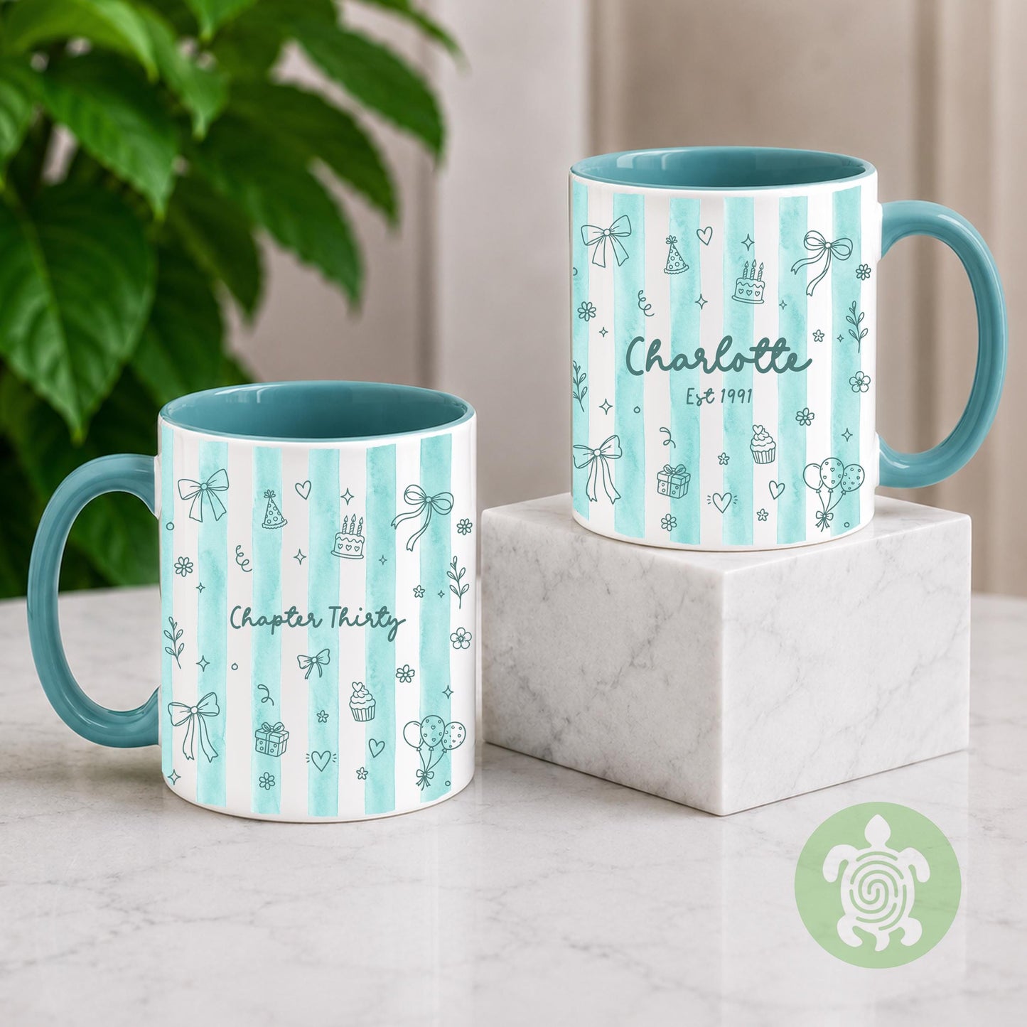 Personalised Chapter Birth Month Stripes Mug, Birthday Gift for Her, Turning Thirty Birthday Cup, Any Age Birthday Present for Women