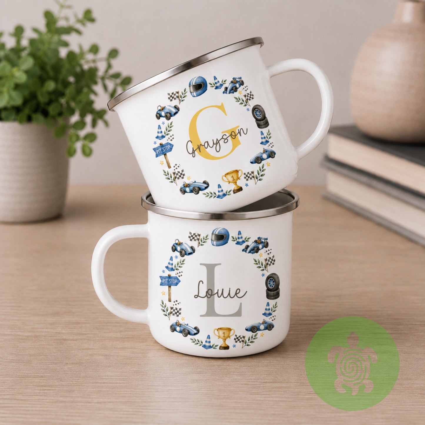 Personalised Boys Enamel Mug, Custom Name & Initial Cup, Dinosaur Safari Construction Racing Car Camping Mug, Birthday Gift for Boys