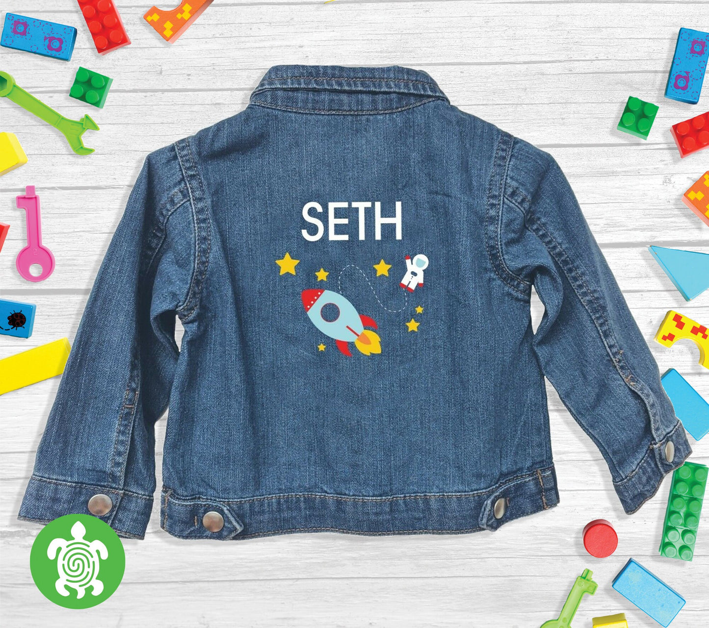 Personalised Embroidered Baby Toddler Denim Jacket Rocketman Daisy Rainbow Theme Childrens Clothing Birthday Gift