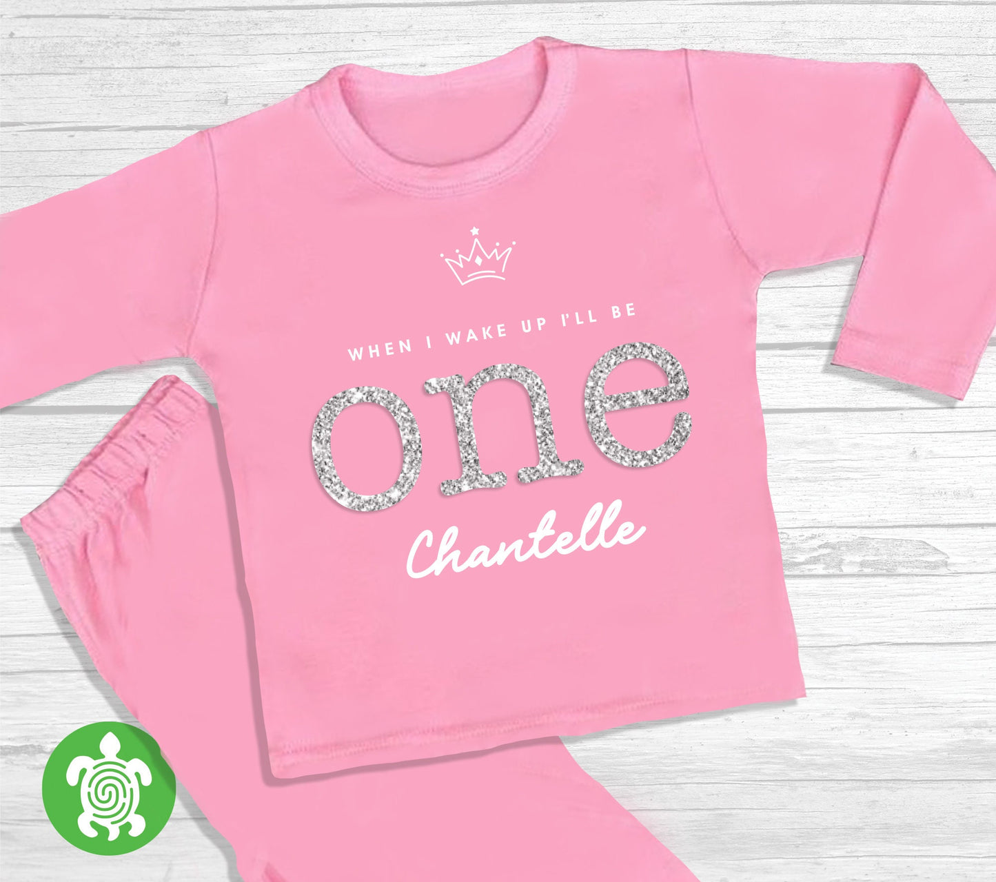 When I Wake Up I'll Be One Two Personalised First Birthday Girl Pink Pyjamas Pj's Gift White with Silver Glitter Crown Princess Nightwear