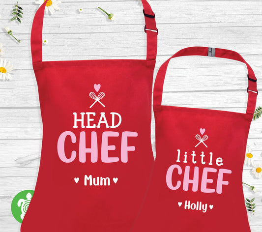Personalised Head & Little Chef Baking Apron, Mum Dad with Heart/ Star Mini Chef Kitchen Apron Childs Toddler Party Gift Girl Boy