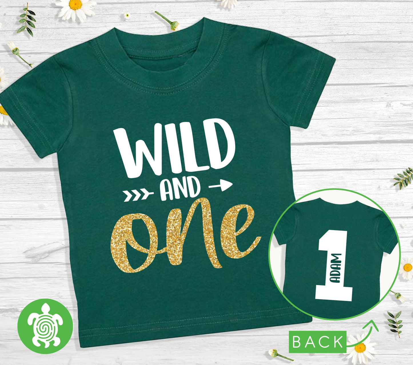 Wild and One Deep Green T-shirt Personalised 1st Birthday Boy Girl Top First Birthday with Gold Glitter and Back Print Baby Toddler