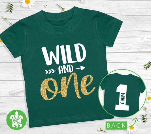 Wild and One Deep Green T-shirt Personalised 1st Birthday Boy Girl Top First Birthday with Gold Glitter and Back Print Baby Toddler