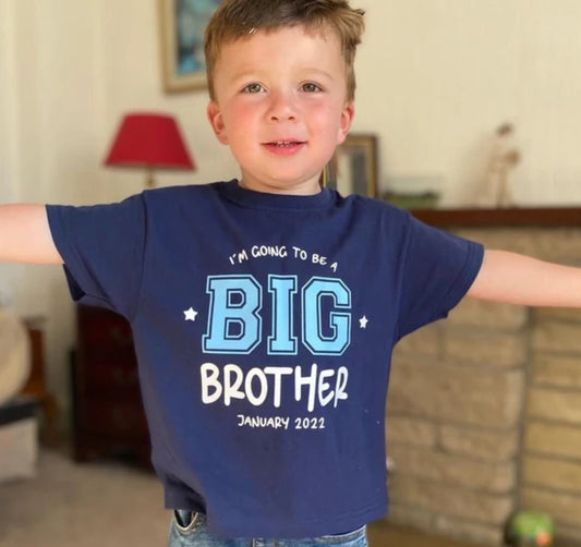 I'm Going To Be a Big Brother T-shirt Promoted To, Personalised Year New Baby Arrival Matching, Newborn Outfit Kids T-shirt with Blue Print