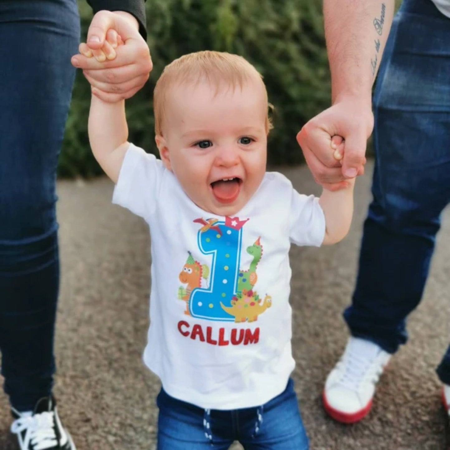1st Birthday Boy Dinosaur Theme Party T-shirt, Personalised First Birthday design with Glitter Print, Any Age Birthday Tee