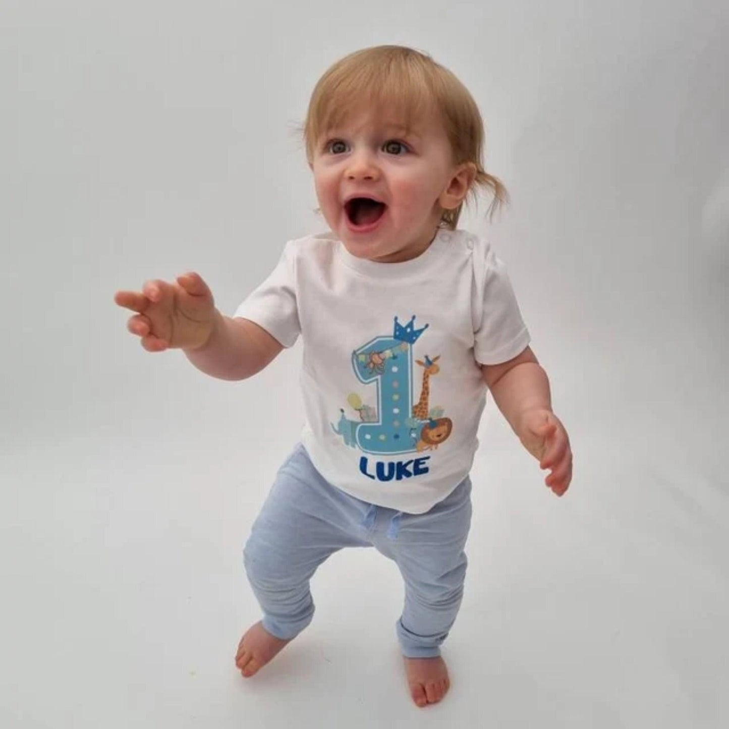 1st 2nd 3rd 4th Birthday Boy Animal Theme Party T-shirt, Personalised Birthday design with Aqua Blue Glitter Print, Any Age