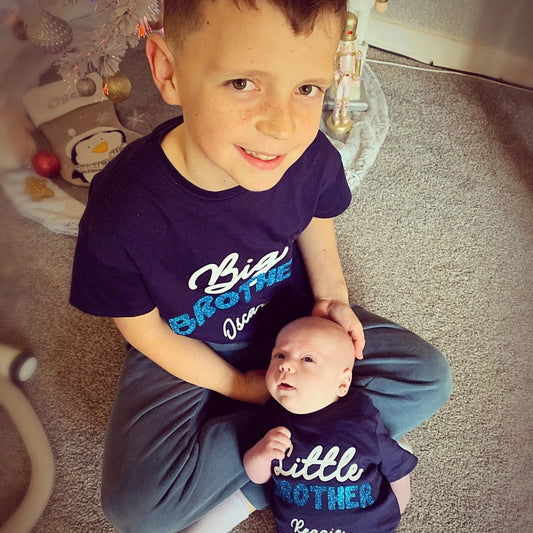 Personalised Biggest, Big and Little Brother Announcement Blue Glitter on Navy T-Shirts and Bodysuits gift