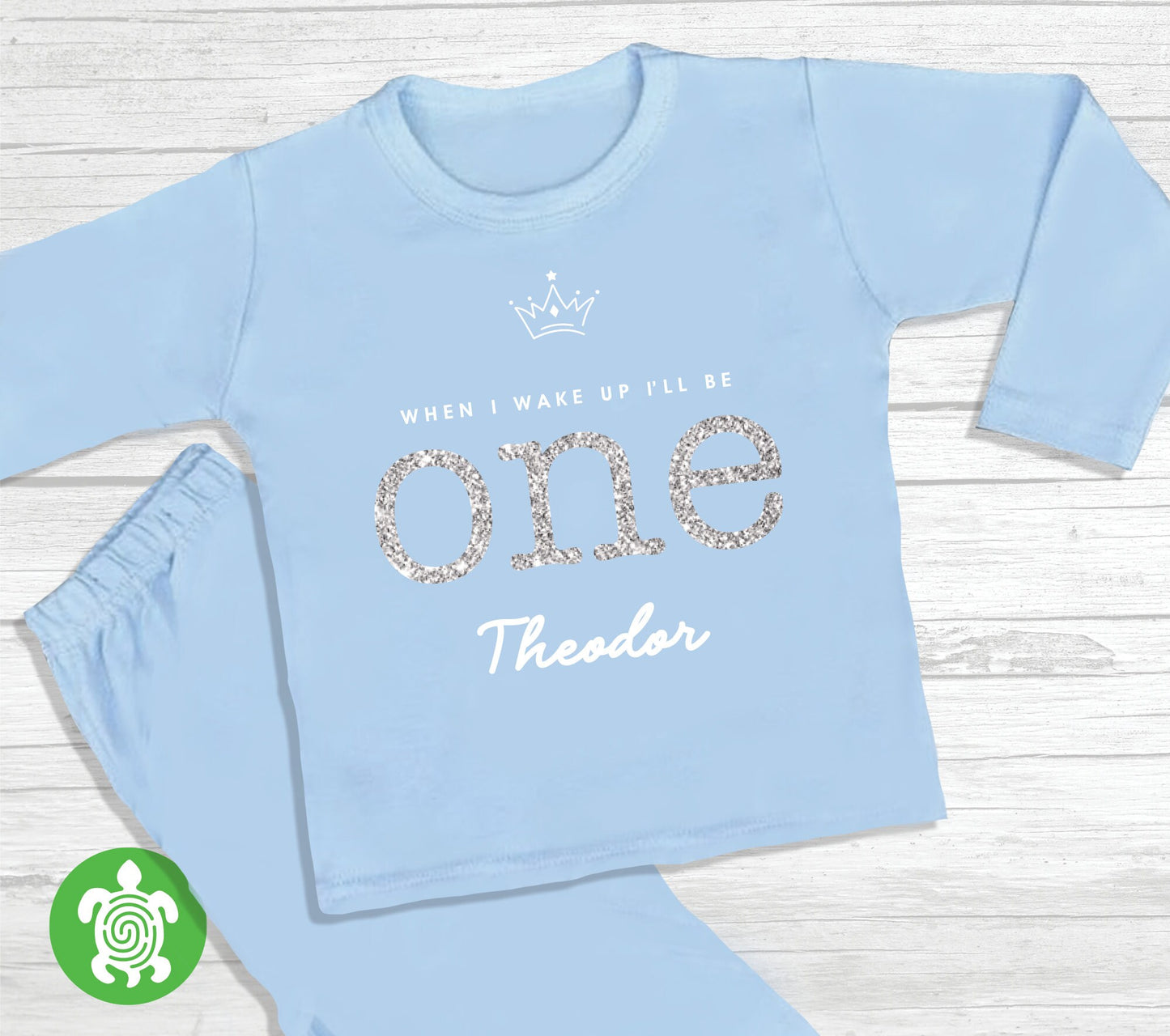 When I Wake Up I'll Be One Two Personalised First Birthday Boy Light Blue Pyjamas Pj's Gift White with Silver Glitter