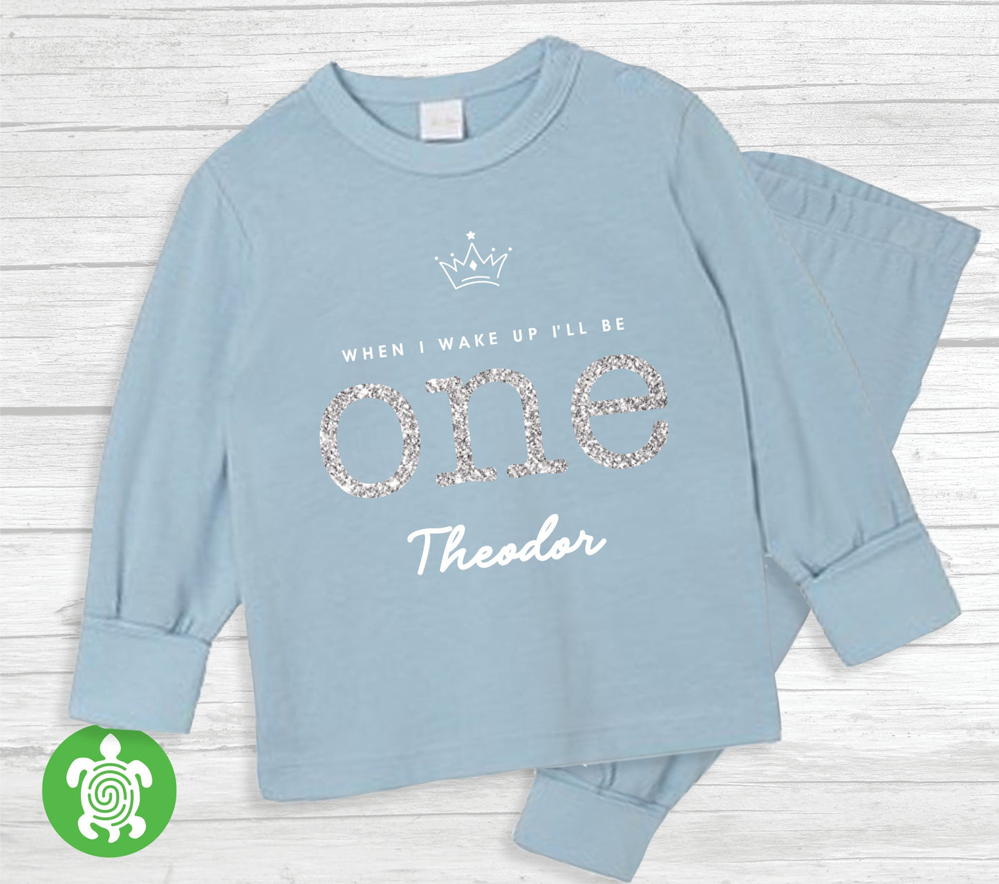 When I Wake Up I'll Be One Two Personalised First Birthday Boy Light Blue Pyjamas Pj's Gift White with Silver Glitter