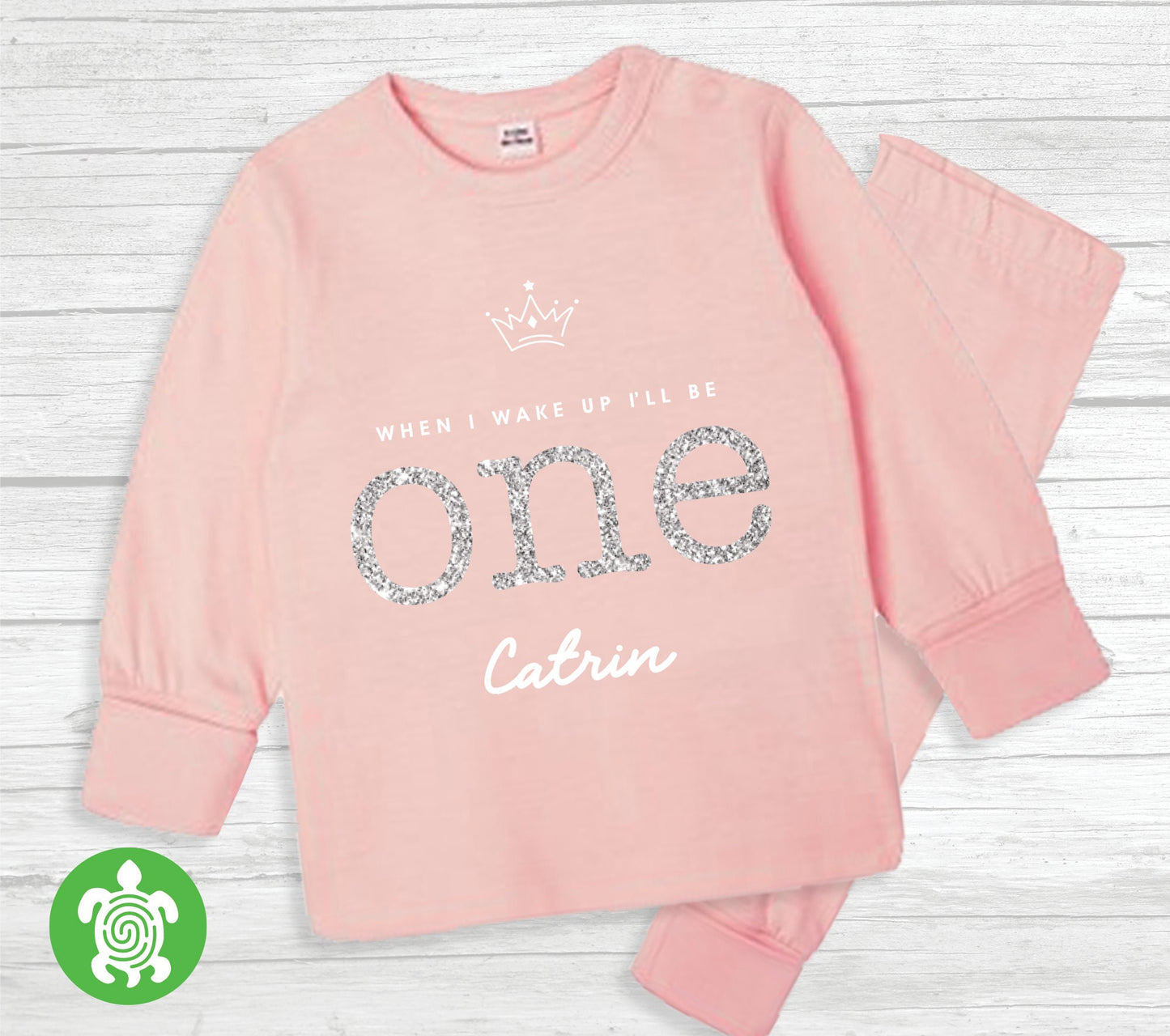 When I Wake Up I'll Be One Two Personalised First Birthday Girl Pink Pyjamas Pj's Gift White with Silver Glitter Crown Princess Nightwear