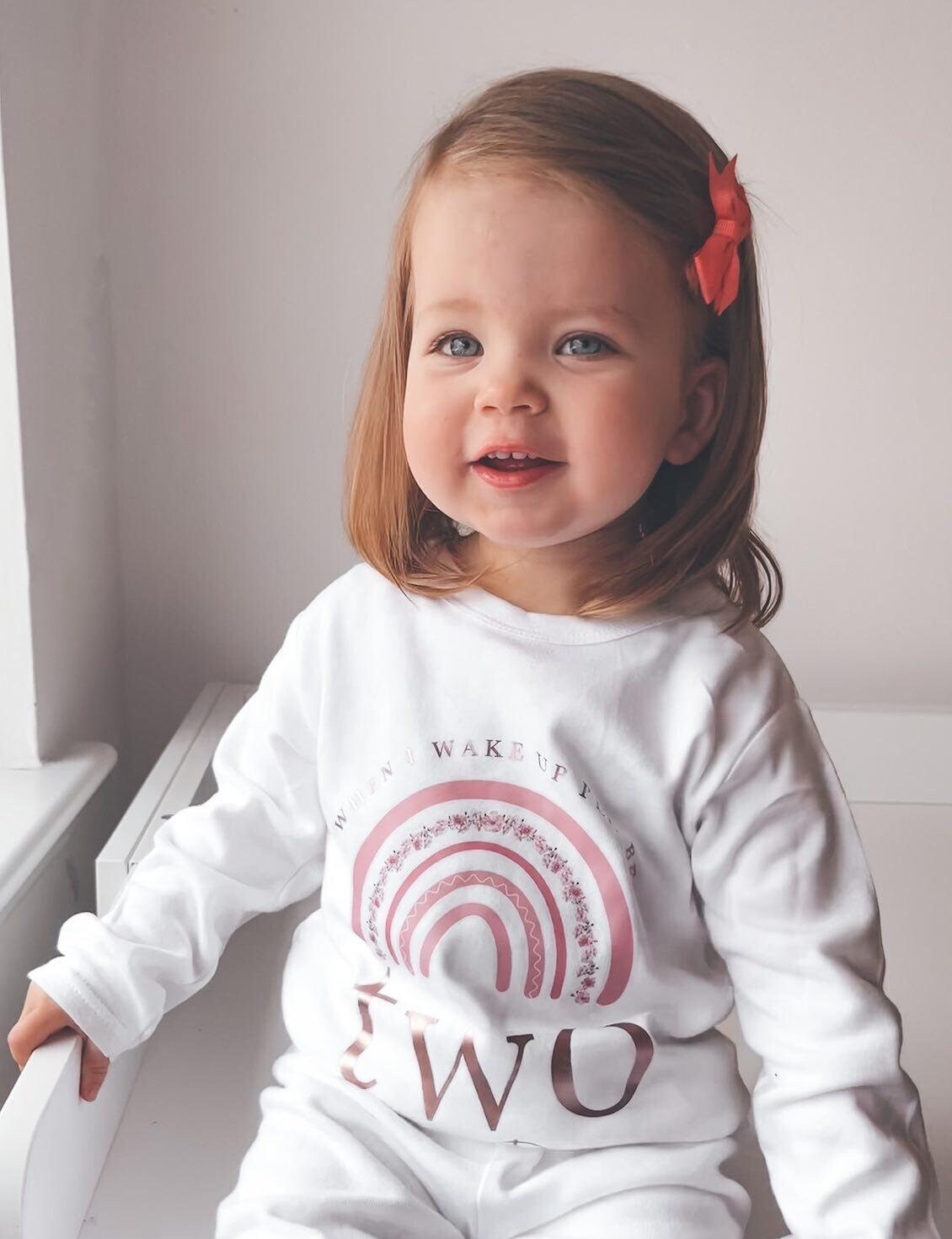 Pink Rainbow Leaf 1st 2nd Birthday Pj's Personalised Pink First Second Birthday When I Wake Up Pyjamas, Any Age Birthday Girl