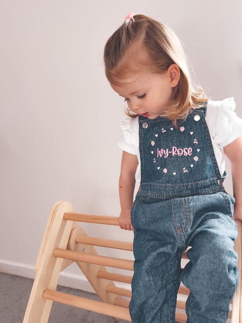 Personalised Stawberries Embroidered Children's Denim Dungarees, Kids Overalls Children's Clothing Custom Name, Birthday Gift
