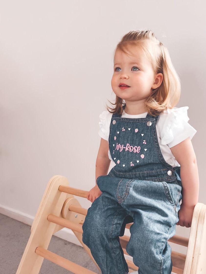 Personalised Stawberries Embroidered Children's Denim Dungarees, Kids Overalls Children's Clothing Custom Name, Birthday Gift