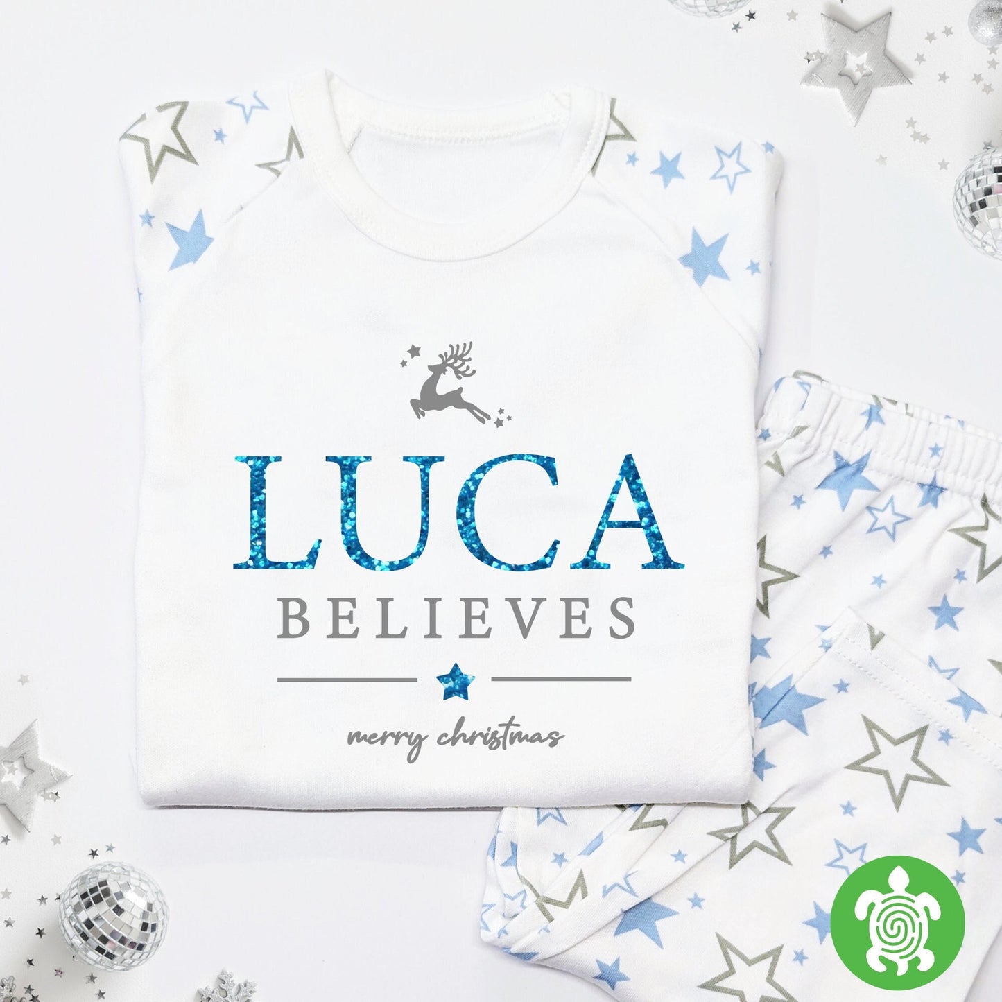 Christmas Luxury Blue Believes Glitter Print Outfit, Festive Pattern, Personalised Clothing Set, Tight-fitting style, Christmas Eve Box