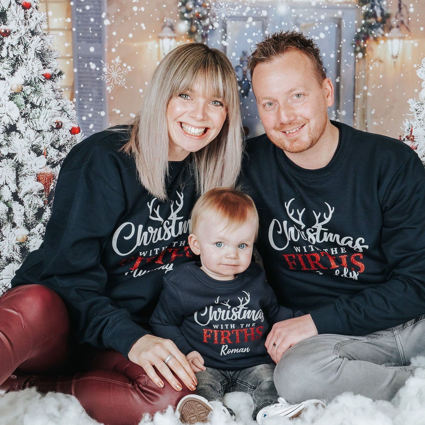 Personalised Matching Family Christmas With The Red Navy Sweatshirts, Family Xmas Jumpers, Festive Sweater, Red Glitter Festive