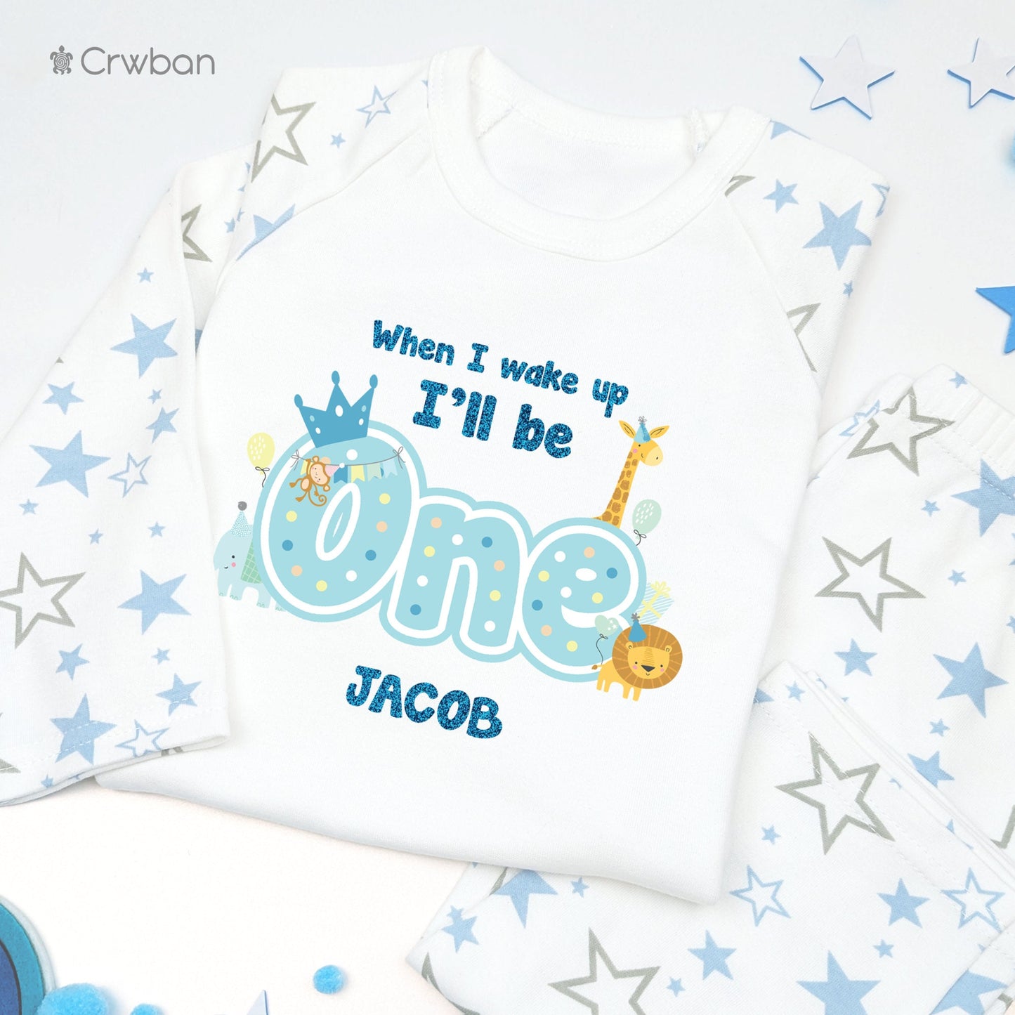 Animal Themed Birthday Aqua Glitter Personalised Kids Outfit, Birthday Morning Set, Custom Name Cotton Clothing Set, Tight-fitting style