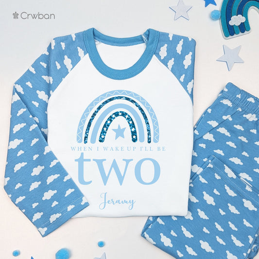 Blue Glitter Rainbow Any Age Personalised Kids Outfit, Birthday Morning Set, Custom Name Cotton Clothing, Tight-fitting style
