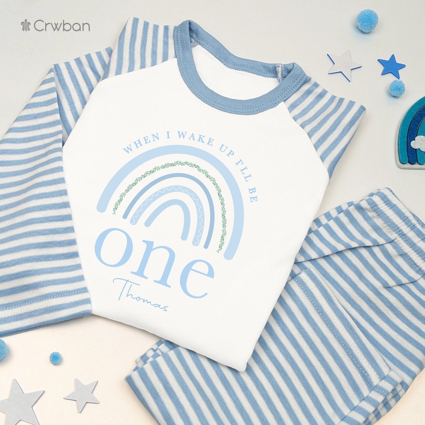 Blue Rainbow Leaf 1st 2nd Birthday Pj's Personalised Blue First Second Birthday When I Wake Up Pyjamas, Any Age Birthday