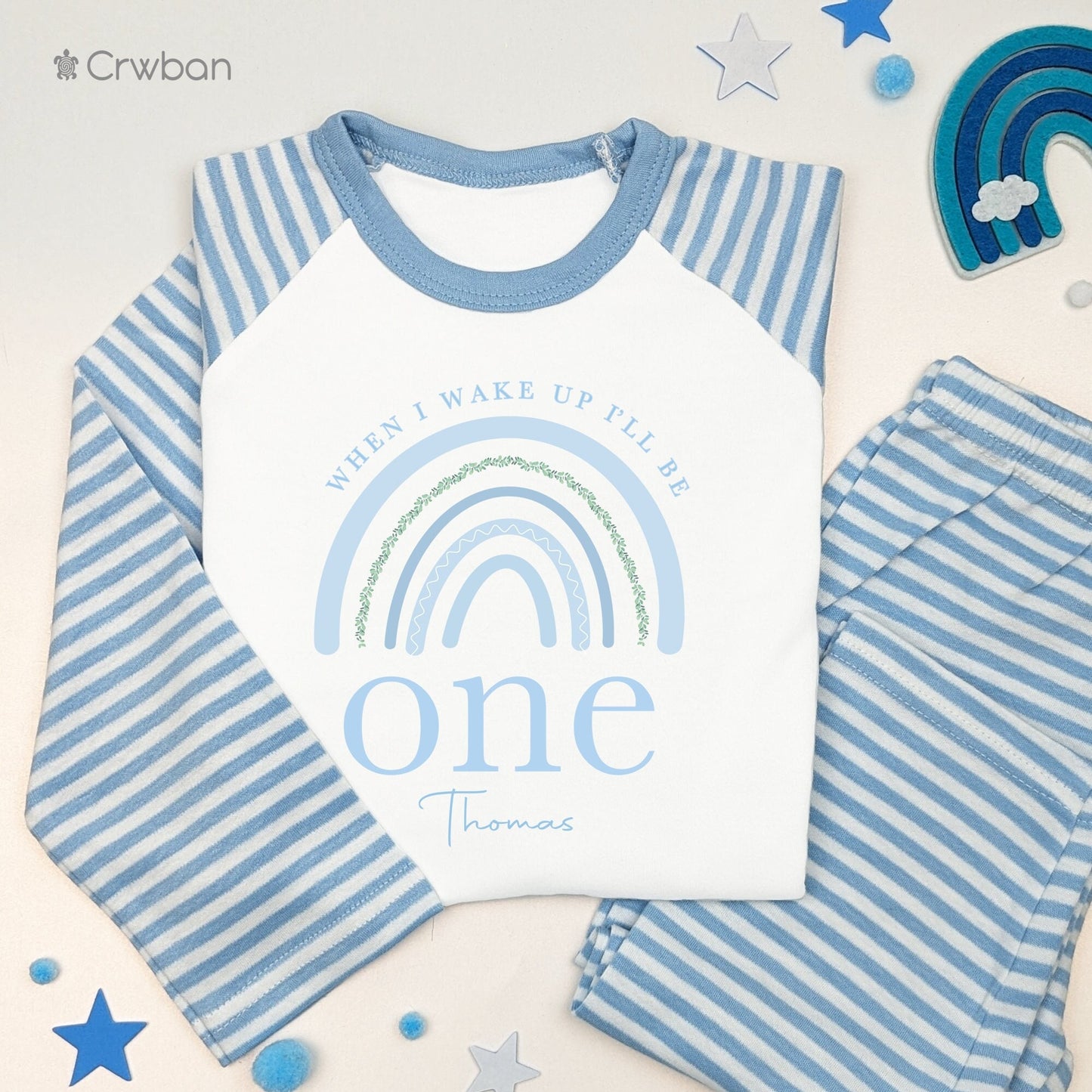 Blue Rainbow Leaf 1st 2nd Birthday Pj's Personalised Blue First Second Birthday When I Wake Up Pyjamas, Any Age Birthday