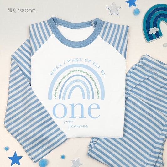 Blue Rainbow Leaf 1st 2nd Birthday Personalised Kids Outfit, Birthday Morning Set, Custom Name Cotton Clothing Set, Tight-fitting style