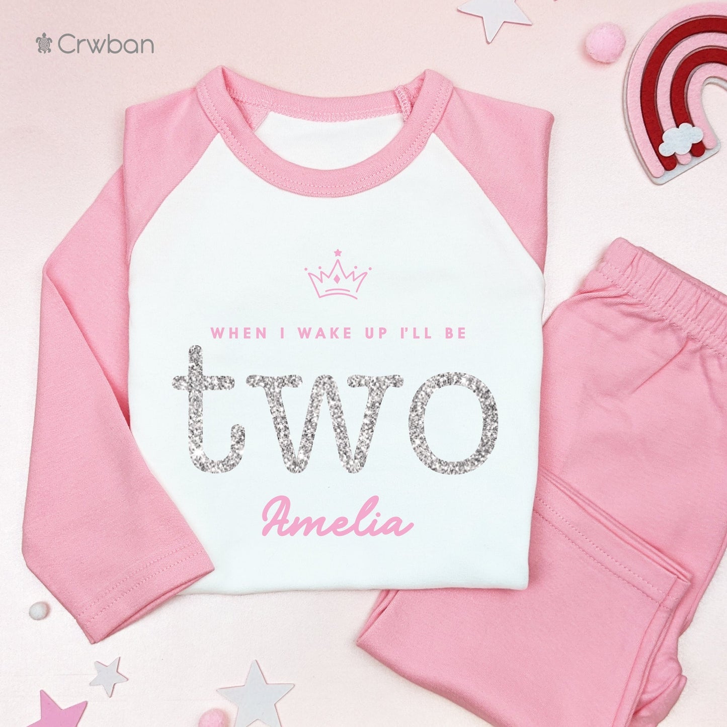 Pink Crown with Glitter When I Wake Up Personalised Kids Outfit, Birthday Morning Set, Custom Name Cotton Clothing Set, Tight-fitting style