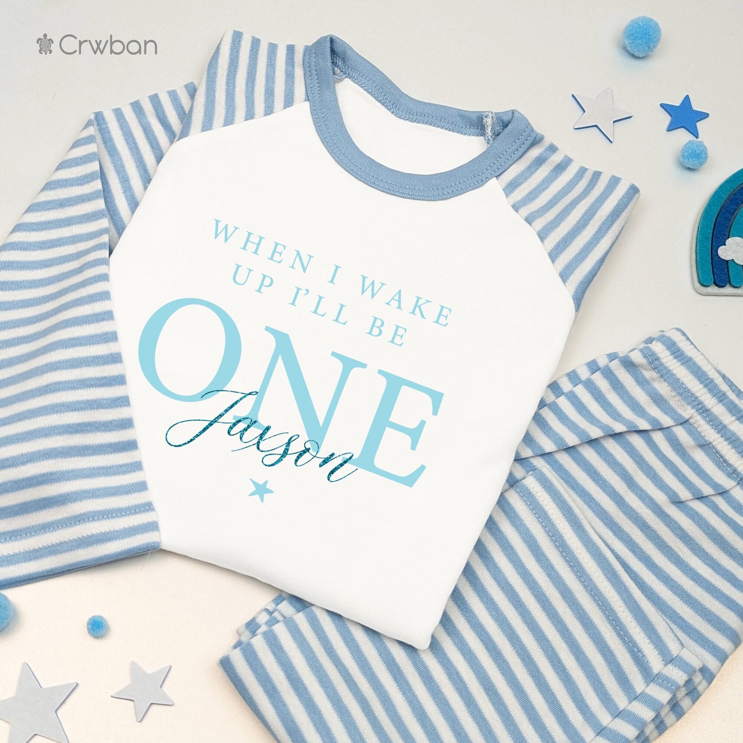 Cute Baby Blue When I Wake Aqua Glitter Personalised Kids Outfit, Birthday Morning Set, Custom Name Cotton Clothing Set, Tight-fitting style