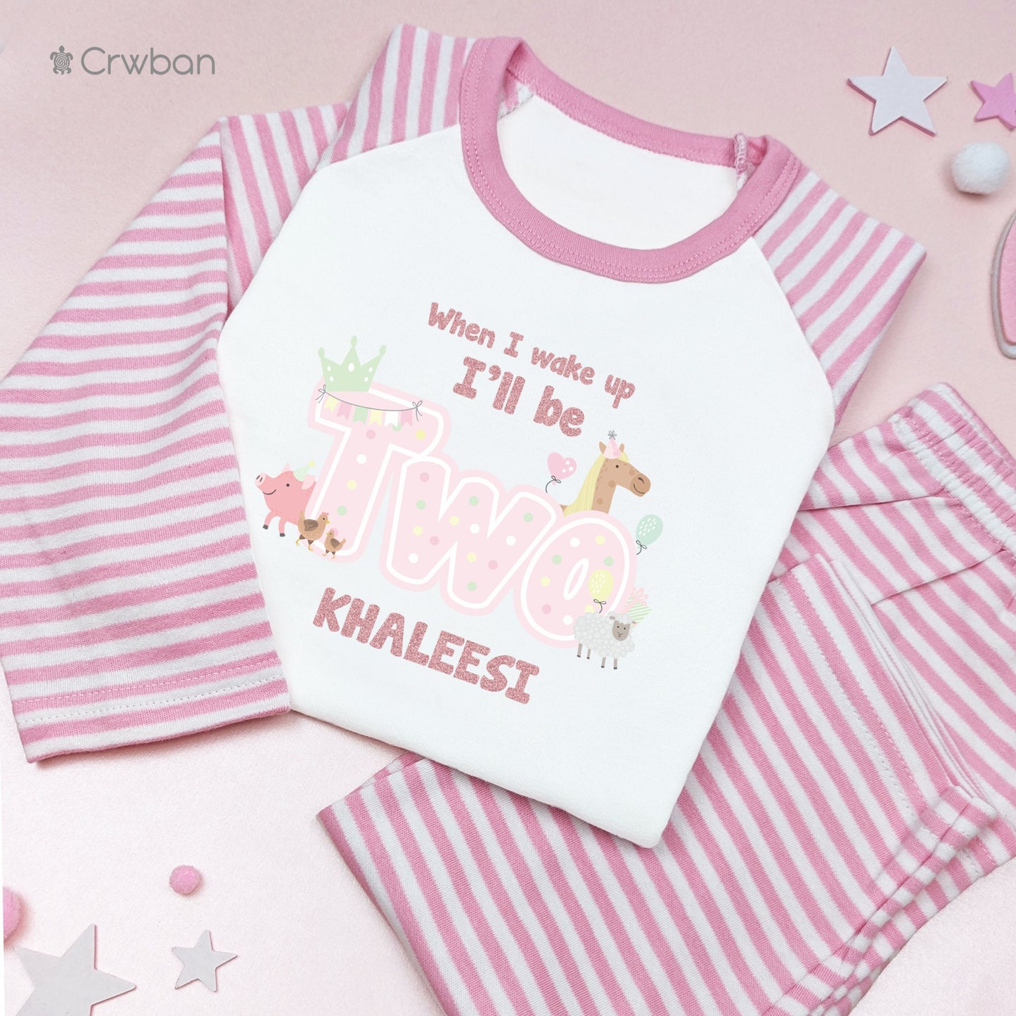 Farm Animal Personalised Birthday Girl Pyjamas When I Wake Up I'll Be One Two, Any Age Birthday Gift with Glitter