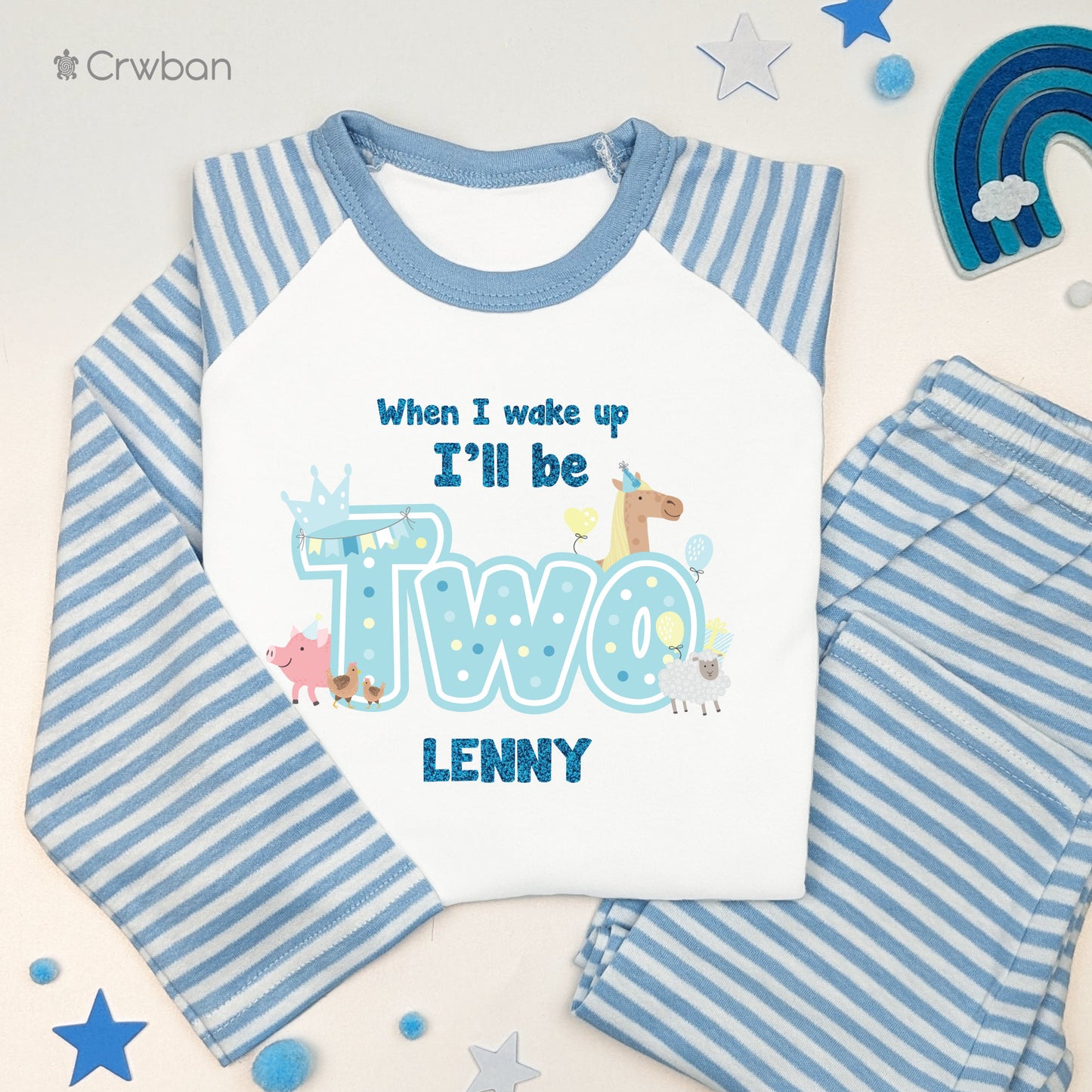 Farm Animal Aqua Glitter When I Wake Personalised Kids Outfit, Birthday Morning Set, Custom Name Cotton Clothing Set, Tight-fitting style