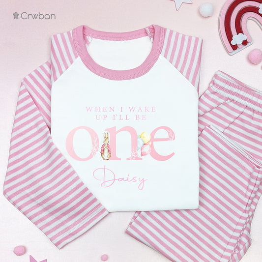 Personalised Rabbit Birthday Pyjamas Any Age Baby Pink Stripes or Plain White Girl Children's Pj's or Romper One, Two, Three, Four Nightwear