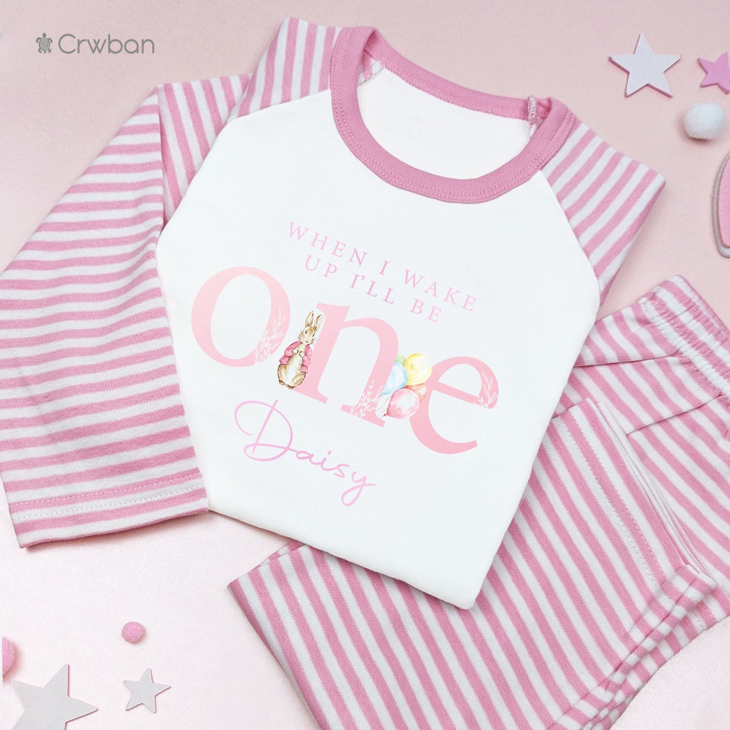 Personalised Rabbit Birthday Pyjamas Any Age Baby Pink Stripes or Plain White Girl Children's Pj's or Romper One, Two, Three, Four Nightwear