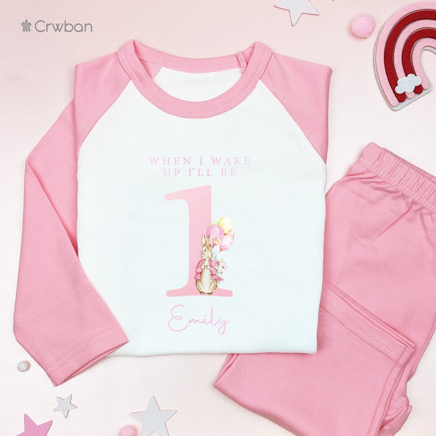 Personalised Pink Number Rabbit Birthday Pyjamas Any Age Children's Pj's One, Two, Three, Four Nightwear 1st Birthday Girl