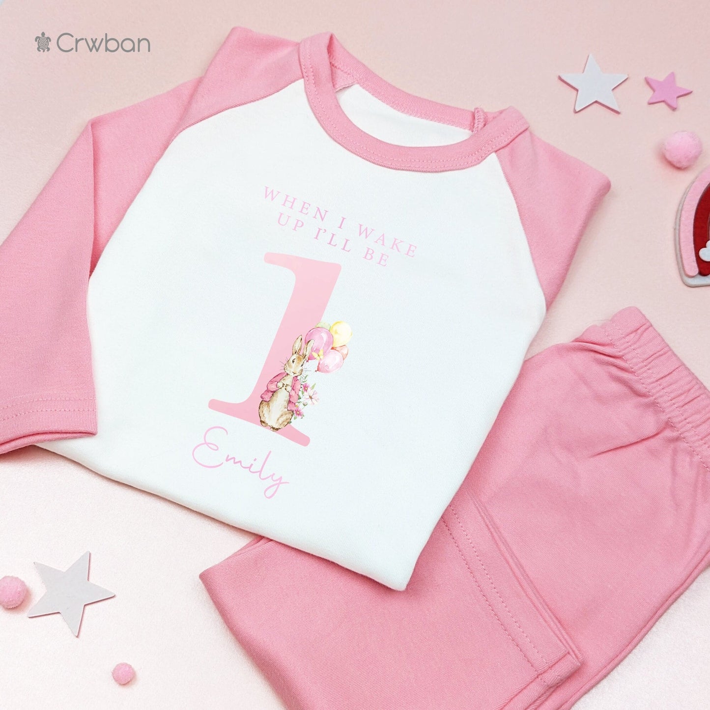 Personalised Pink Number Rabbit Birthday Pyjamas Any Age Children's Pj's One, Two, Three, Four Nightwear 1st Birthday Girl
